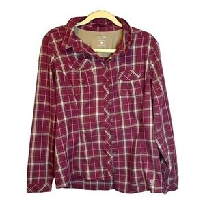 Mountain Hardwear Blouse Women's Size 10 Plaid Outdoor Hiking Red Purple‎ White